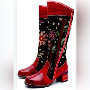 NWOT Boho Women Flower Splicing Genuine Leather Knee High Boots Cowboy Zip Boots